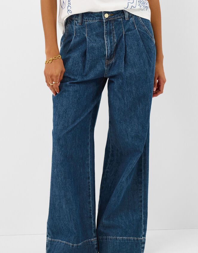 Pleat Waist Wide Leg Jeans, Blue (BLUE), large