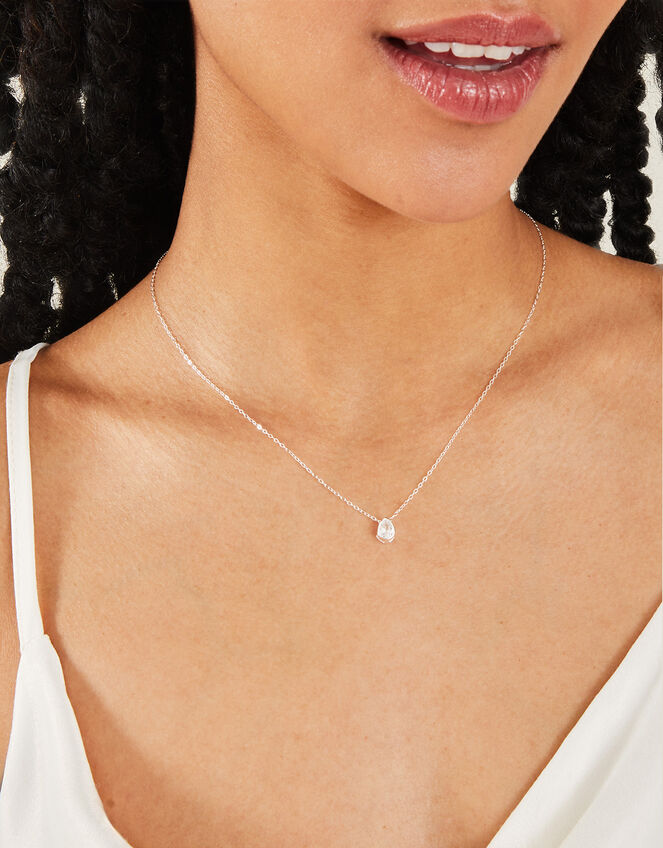 Sterling Silver-Plated Sparkle Small Tear Necklace, , large
