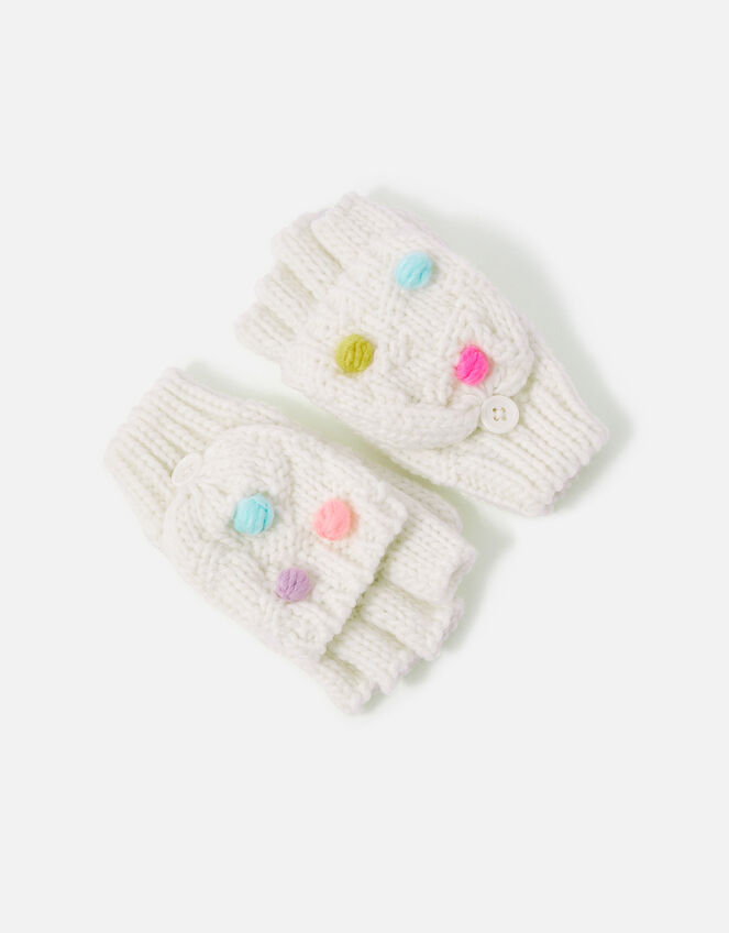 Girls Pom-Pom Capped Mittens in Recycled Polyester, Ivory (IVORY), large