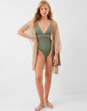 Embroidered Elastic Plunge Shaping Swimsuit, Green (KHAKI), large