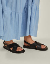 Cross Strap Leather Sandals, Black (BLACK), large
