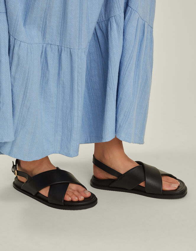 Cross Strap Leather Sandals, Black (BLACK), large
