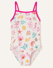 Girls Shell and Fish Print Swimsuit with Recycled Polyester, Multi (PASTEL-MULTI), large