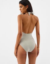 Geometric Textured Halter Neck Swimsuit, Green (KHAKI), large
