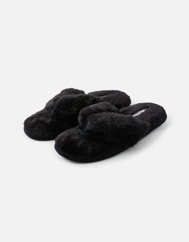 Laura Fluffy Thong Slippers, Black (BLACK), large