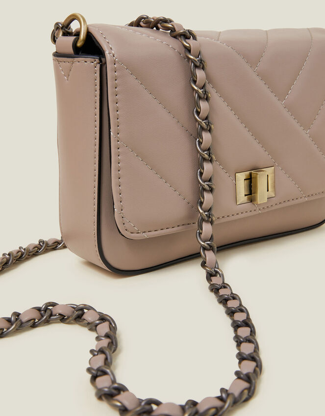 Chain Strap Faux Leather Cross-Body Bag, Mink (MINK), large