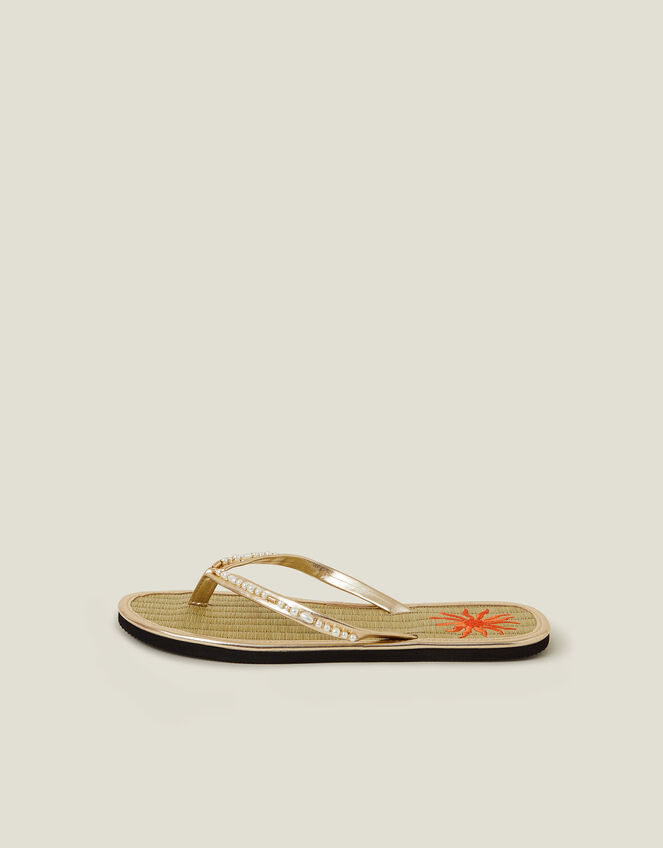 Sun Embroidered Seagrass Flip Flops, Gold (GOLD), large