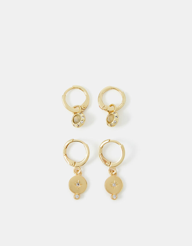 2-Pack 14ct Gold-Plated Charm Huggie Hoop Earrings, , large