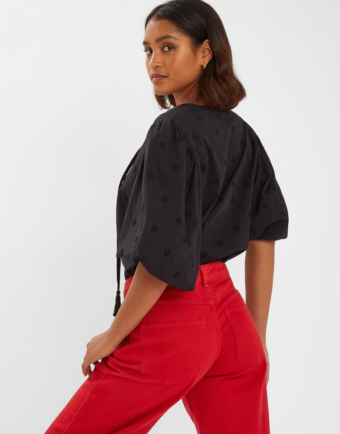 Puff Sleeve Cotton Blouse, Black (BLACK), large