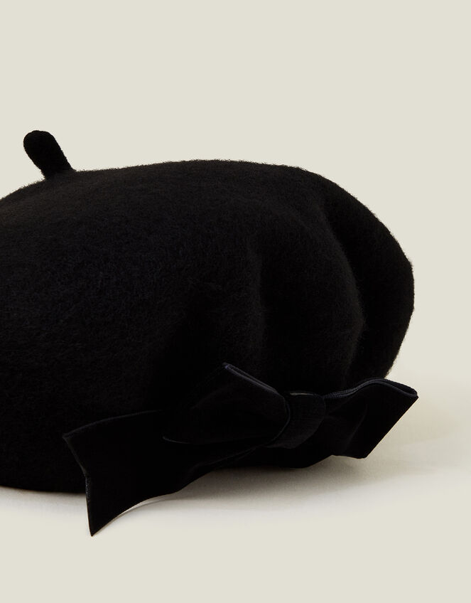 Wool Bow Beret, Black (BLACK), large