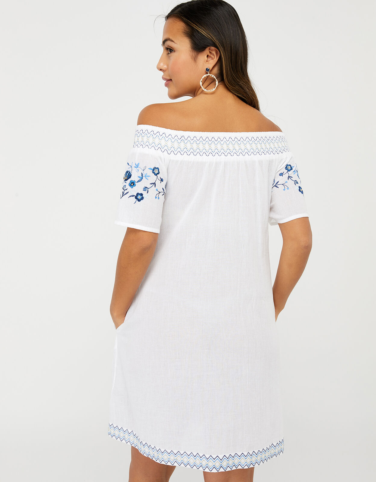 Kaylee Off Shoulder Embroidered Dress in Pure Cotton White Beach