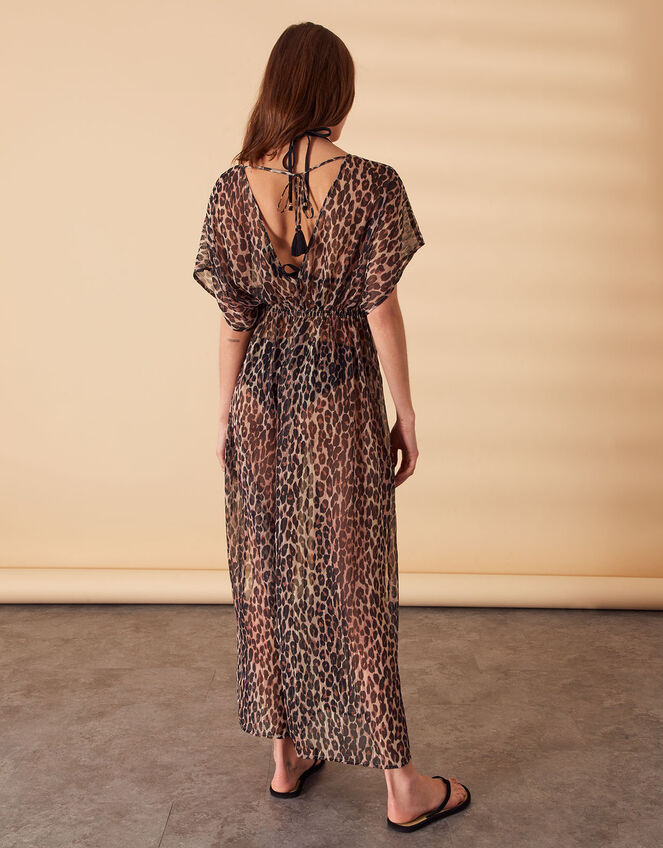 Leopard Print Chiffon Maxi Kaftan in Recycled Polyester, Brown (BROWN), large