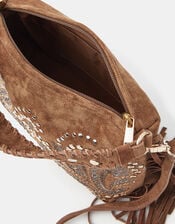 Embroidered Fringe Suede Bag, , large