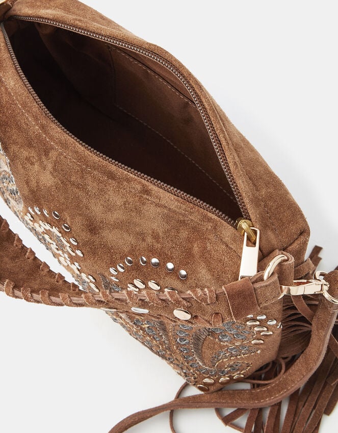 Embroidered Fringe Suede Bag, , large