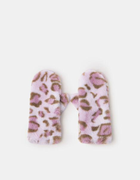 Girls Fluffy Leopard Print Mittens, Leopard (LEOPARD), large