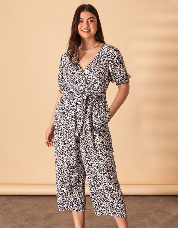 Ditsy Print Wrap Jumpsuit in LENZING™ ECOVERO™ Blue, Blue (NAVY), large