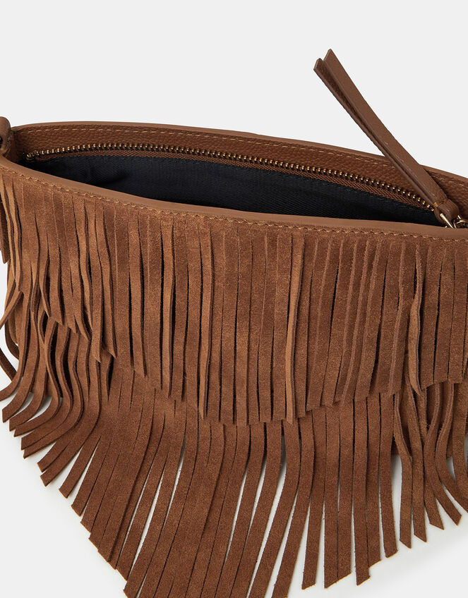Suede Fringe Crossbody Bag, Tan (TAN), large