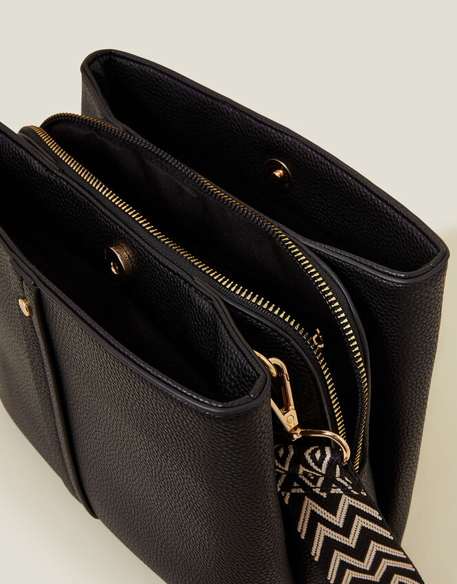 Faux Leather Webbing Strap Crossbody Bag, Black (BLACK), large