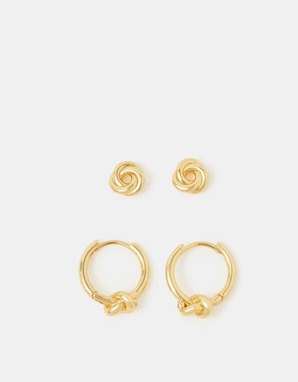 2-Pack 14ct Gold-Plated Knot Stud & Hoop Earrings, , large