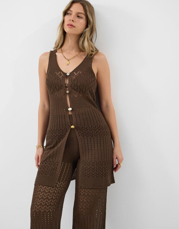 Crochet Knit Sleeveless Top, Brown (BROWN), large