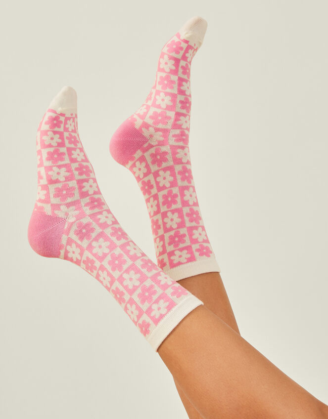 Checkerboard Flower Print Socks, , large