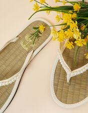 Pearl Embroidered Seagrass Flip Flops, Ivory (IVORY), large