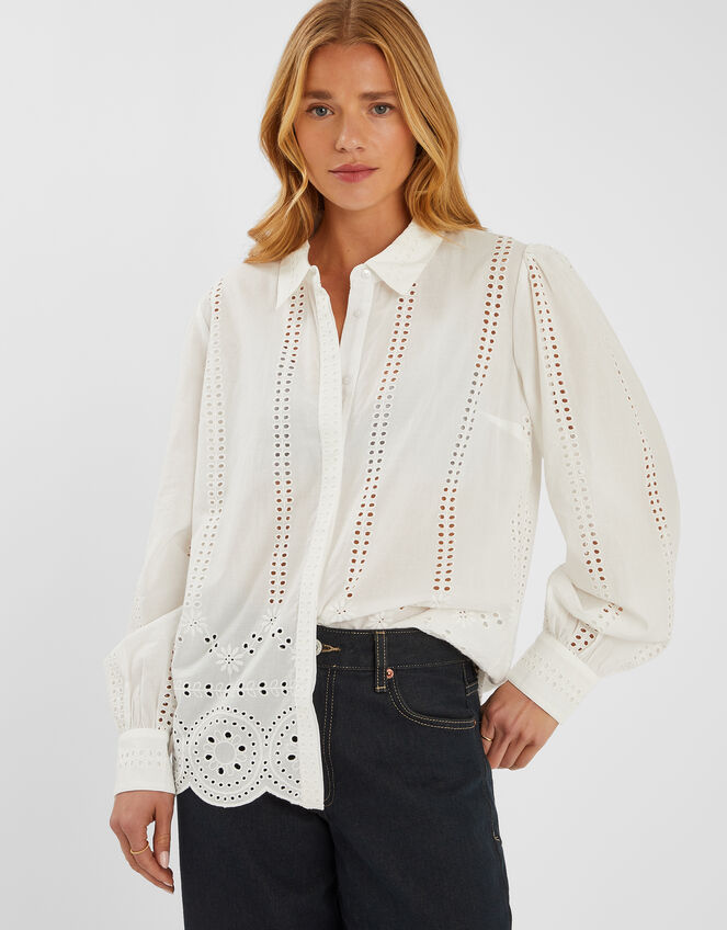 Long Sleeve Broderie Shirt, White (WHITE), large