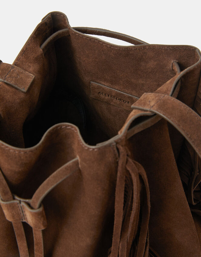 Suede Fringe Bucket Bag, , large