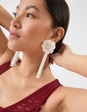 Beaded Flower Tassel Drop Earrings, , large