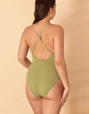 Crinkle Scoop Neck Swimsuit, Green (KHAKI), large