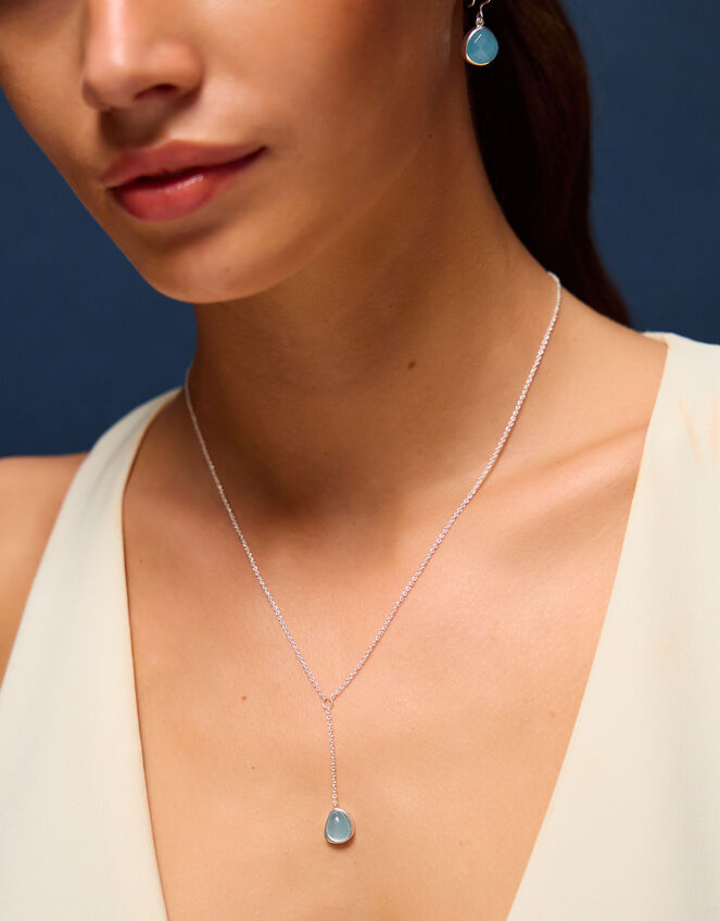 Sterling Silver-Plated Blue Quartz Lariat Necklace, , large