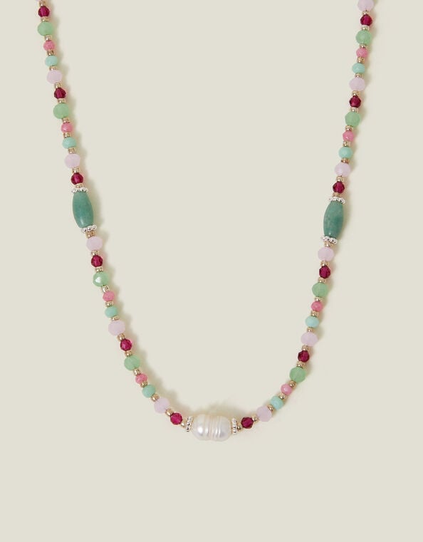 Sterling Silver-Plated Semi-Precious Bead Necklace, , large