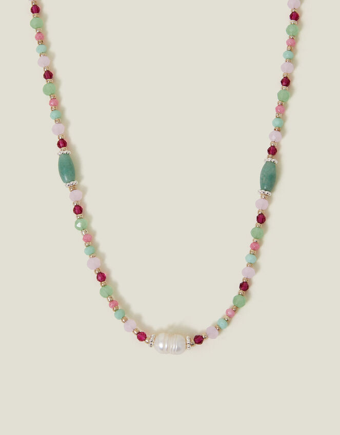 Sterling Silver-Plated Semi-Precious Bead Necklace, , large