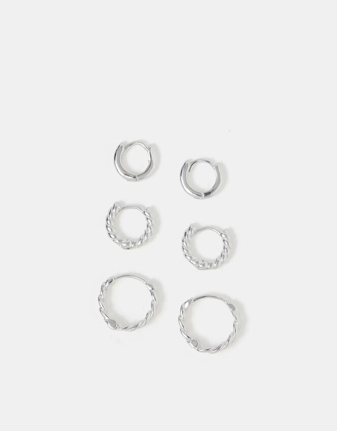 3-Pack Sterling Silver-Plated Twist Hoop Earrings, , large
