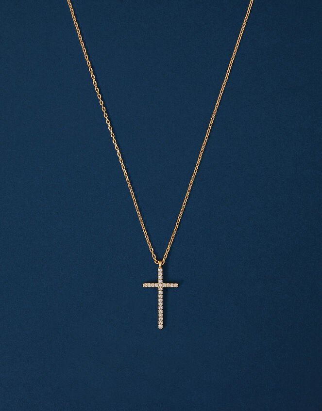 14ct Gold-Plated Sparkle Cross Pendant Necklace, , large
