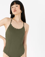 Scallop Edge Textured Swimsuit, Green (KHAKI), large