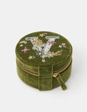 Round Initial Velvet Jewellery Box, Green (OLIVE), large