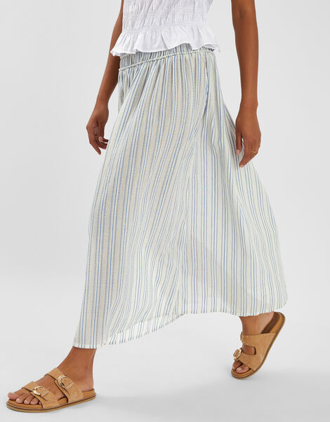 Stripe Gathered Waist Maxi Skirt, White (WHITE), large