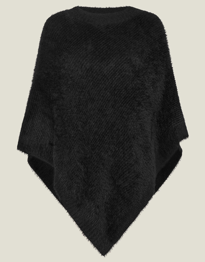Fuzzy Knit Poncho, Black (BLACK), large