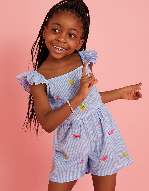 Girls Embroidered Stripe Playsuit, Blue (BLUE), large