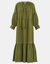 Long-Sleeve Tiered Maxi Dress, Green (KHAKI), large