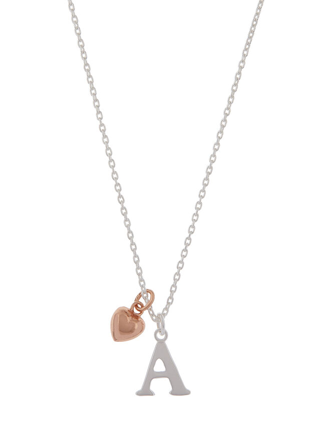 Sterling Silver Initial Necklace with Heart Charm - A, , large