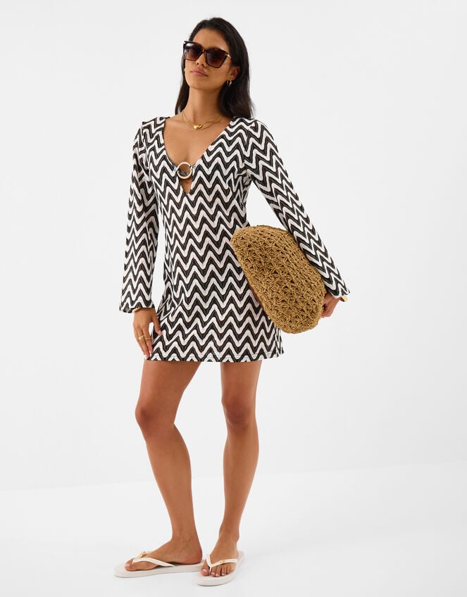Mono Crochet Mini Kaftan, Black (BLACK WHITE), large