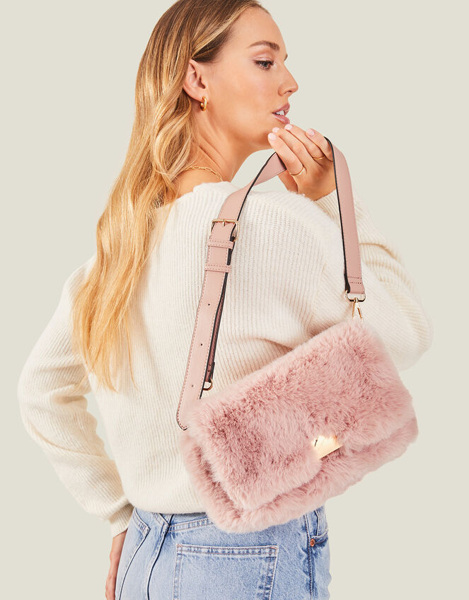 Faux Fur Cross-Body Shoulder Bag, Pink (PALE PINK), large