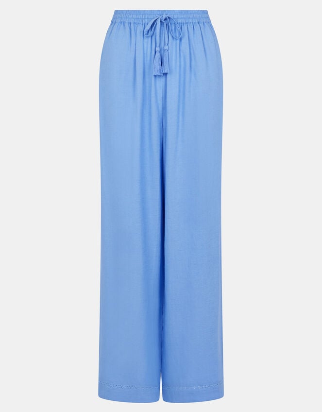 Lace Trim Wide Leg Beach Trousers, Blue (LIGHT BLUE), large