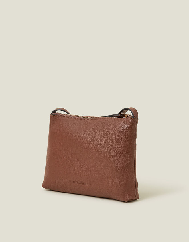 Zip Detail Leather Cross-Body Bag, Tan (TAN), large