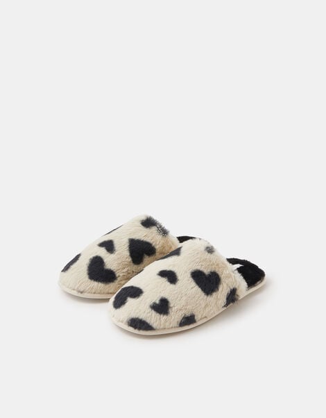 Heart Fluffy Mule Slippers, Black (BLACK WHITE), large