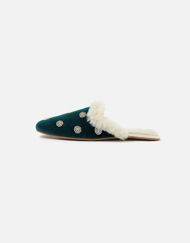 Embellished Spot Velvet Slippers, Teal (TEAL), large