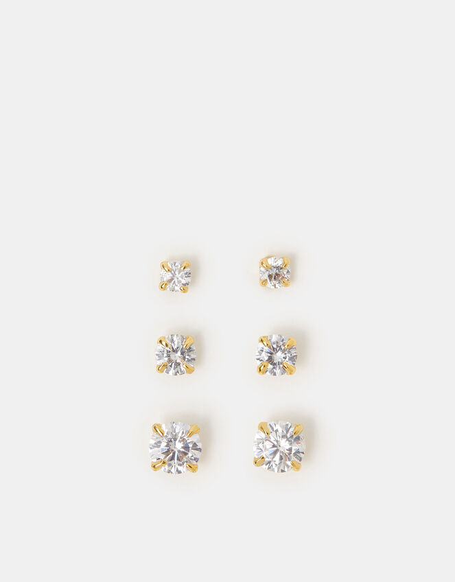 3-Pack 14ct Gold-Plated Crystal Stud Earrings, , large