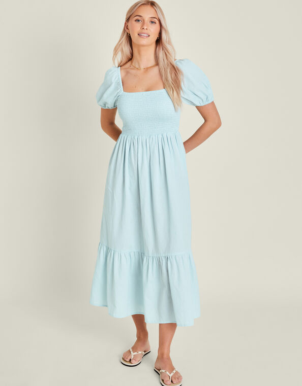 Puff Sleeve Smocked Midi Dress, Blue (PALE BLUE), large